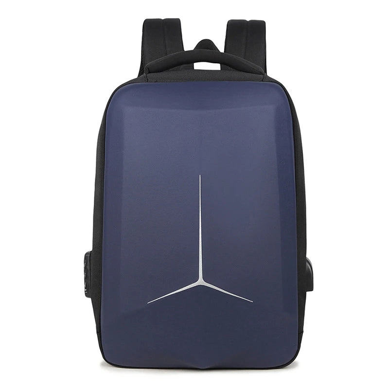 Front-facing view of a navy blue hard-shell laptop backpack with sleek design and minimalist detailing.